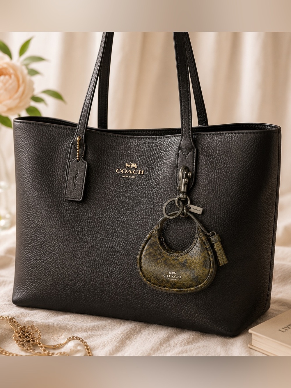 NEW Coach keychain Carmen Snake Print Bag Charm - Olive Green